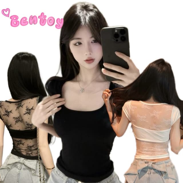 Bentoy(bratop2731)เสื้อยืดแขนสั้นรัดรูป เสริมฟองน้ําในตัว nobra ดีเทลหลังลูกไม้ คอยู ใส่สบาย