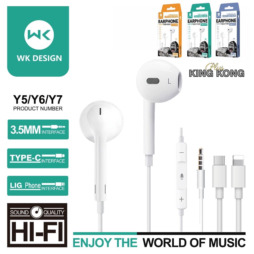 WK Design หูฟัง kingkong 3.5mm Typec phone โทรชัดเจน HiFi เบสหนักแน่น เสียงดี สําหรับ ios Android (รับประกัน…