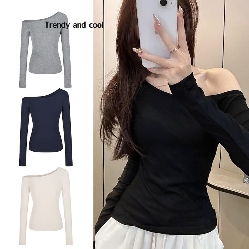 🚚พร้อมส่งจากกทม เสื้อยืดแขนยาวสีทึบแฟชั่นสตรีเซ็กซี่ปิดไหล่ เสื้อครอปทรงเข้ารูป เสื้อยืดปาดไหล่…