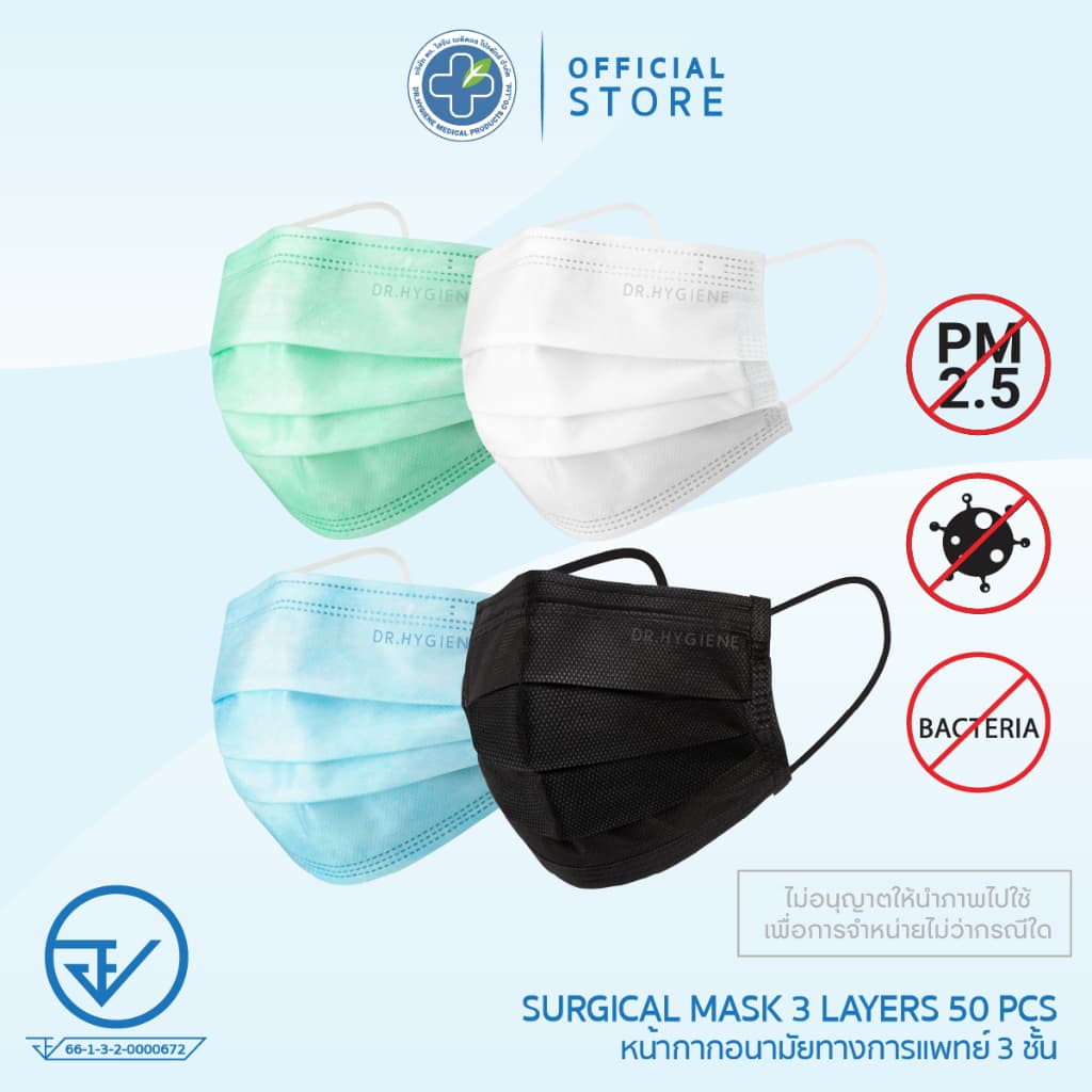 Dr. Hygiene Surgical Mask หน้ากากอนามัยทางการแพทย์ดร.ไฮจีน 3ชั้น (50ชิ้น/กล่อง)