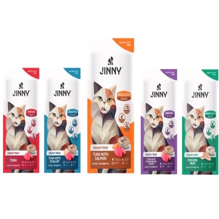 ขนมแมวเลีย Jinny 1แพ็ค5ซอง เกรด Holistic ไม่เติมเกลือและน้ําตาล ผลิตจากเนื้อปลาทูน่าเนื้อขาวและเนื้อไก่อนามัย