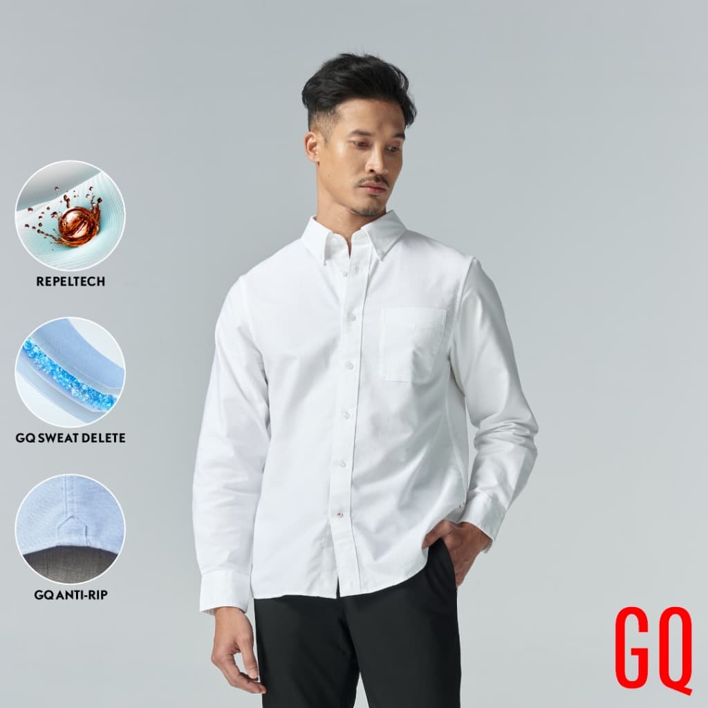 GQ Perfect OxfordTM Shirt​ เสื้อเชิ้ตบุรุษ จีคิว ออกฟอร์ดแขนยาว ​สีขาว