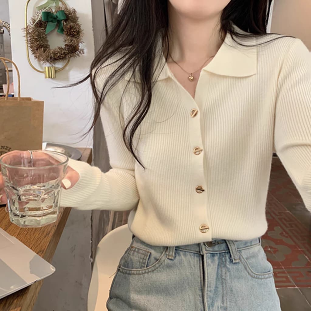 เสื้อไหมพรมแขนยาวผู้หญิง แฟชั่นผู้หญิง เสื้อแขนยาวผู้หญิง คอปกสีพื้น ผ้านิ่มใส่สบายยืดได้เยอะ