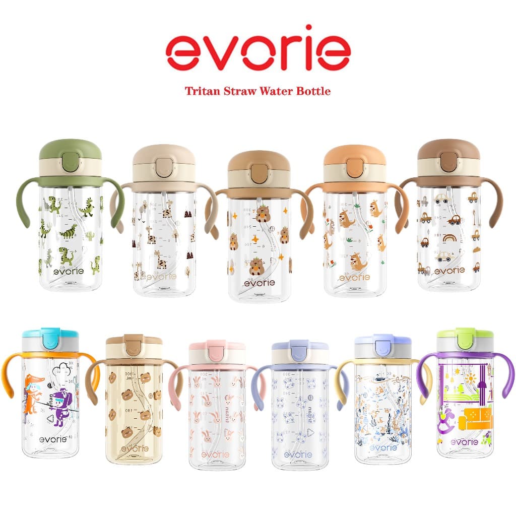 Evorie Tritan 300ml ขวดน้ําเด็ก พร้อมหลอดซิลิโคน สําหรับเด็ก 1-3 ปี กระติกน้ําที่จับแบบถอดได้ กันสําลัก…