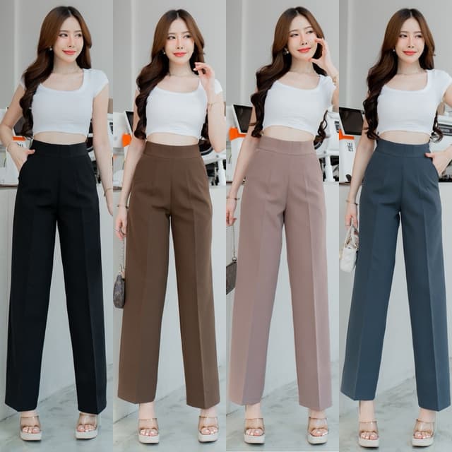 กางเกงทรงขากระบอกกลางซิปข้าง เอวสูง ผ้าไมโคร [New] (S-3XL)