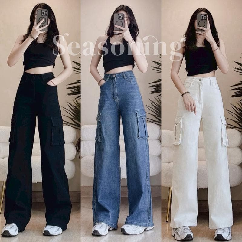 * ยาว 41-42" * SEASONING รุ่น CARGO กางเกงยีนส์ [ผ้ายืด] มีไซส์ S-7XL ขากระบอกใหญ่