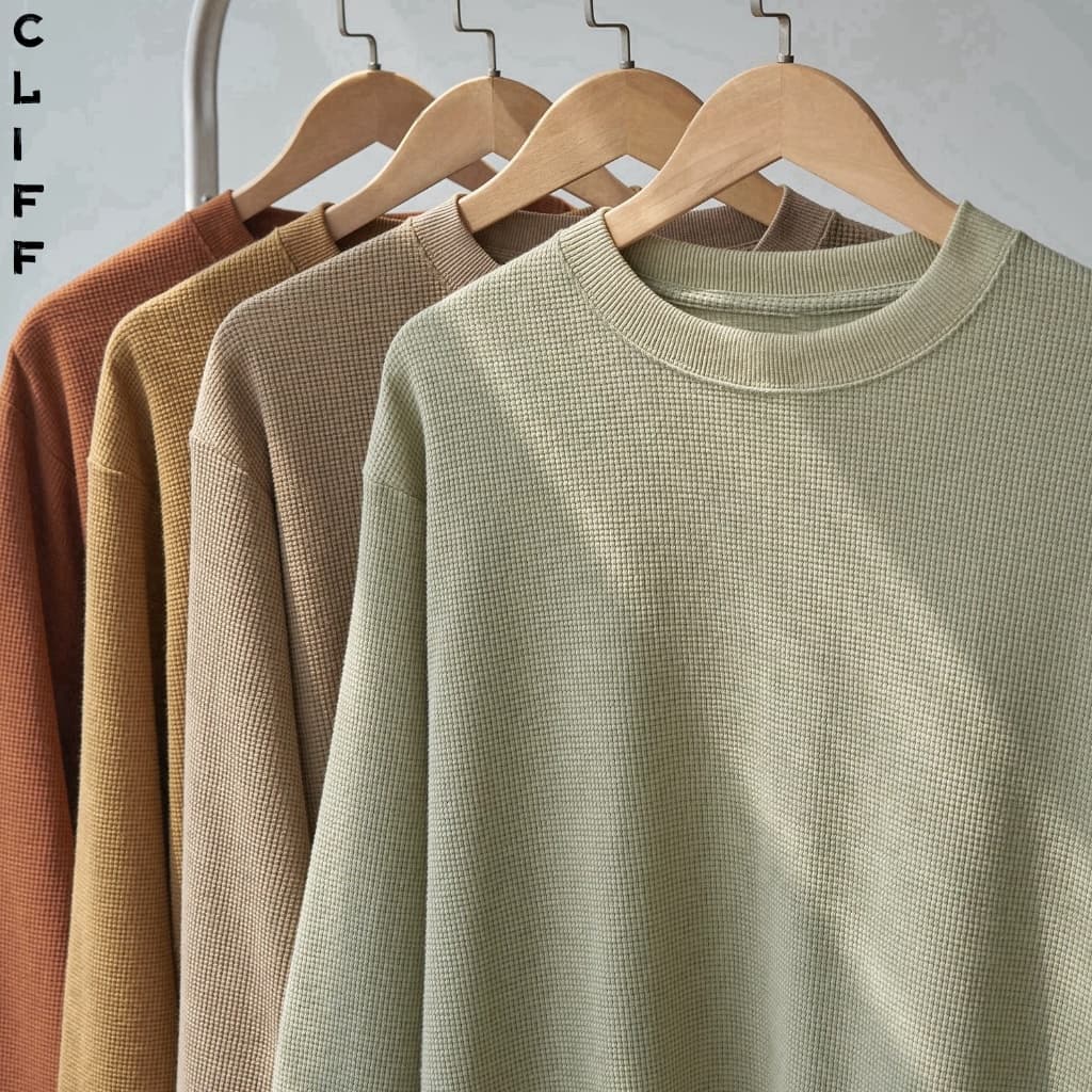 CLIFF -COD แขนยาวผู้ชาย เสื้อสตรี ชุดคู่รัก คอกลม เลือกได้หลายสี แบบหลวม วาฟเฟิล