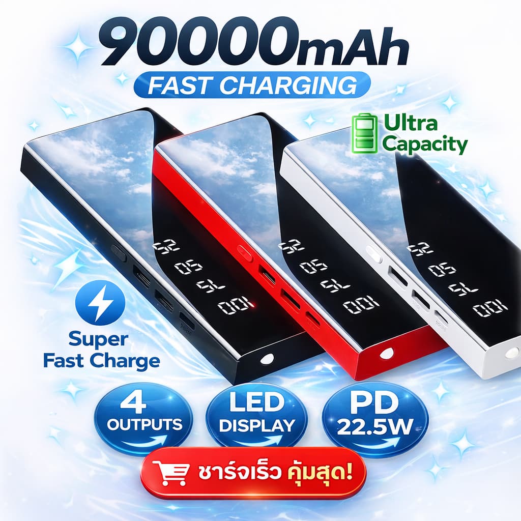 แบตสํารอง 2026 พาวเวอร์แบงค์ 90000mah power bank พร้อมจอแสดงผลดิจิตอล LED ชาร์จเร็ว ของแท้ พร้อมส่ง