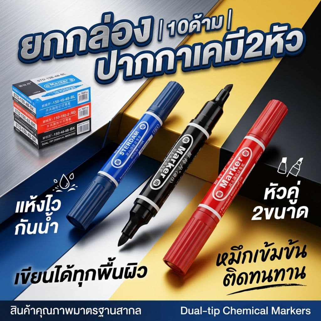 ปากกาเคมี 2 หัว ยกกล่อง 10 ด้าม กันน้ํา แห้งไว หมึกเข้ม เขียนลื่น ราคาส่ง Permanent Marker