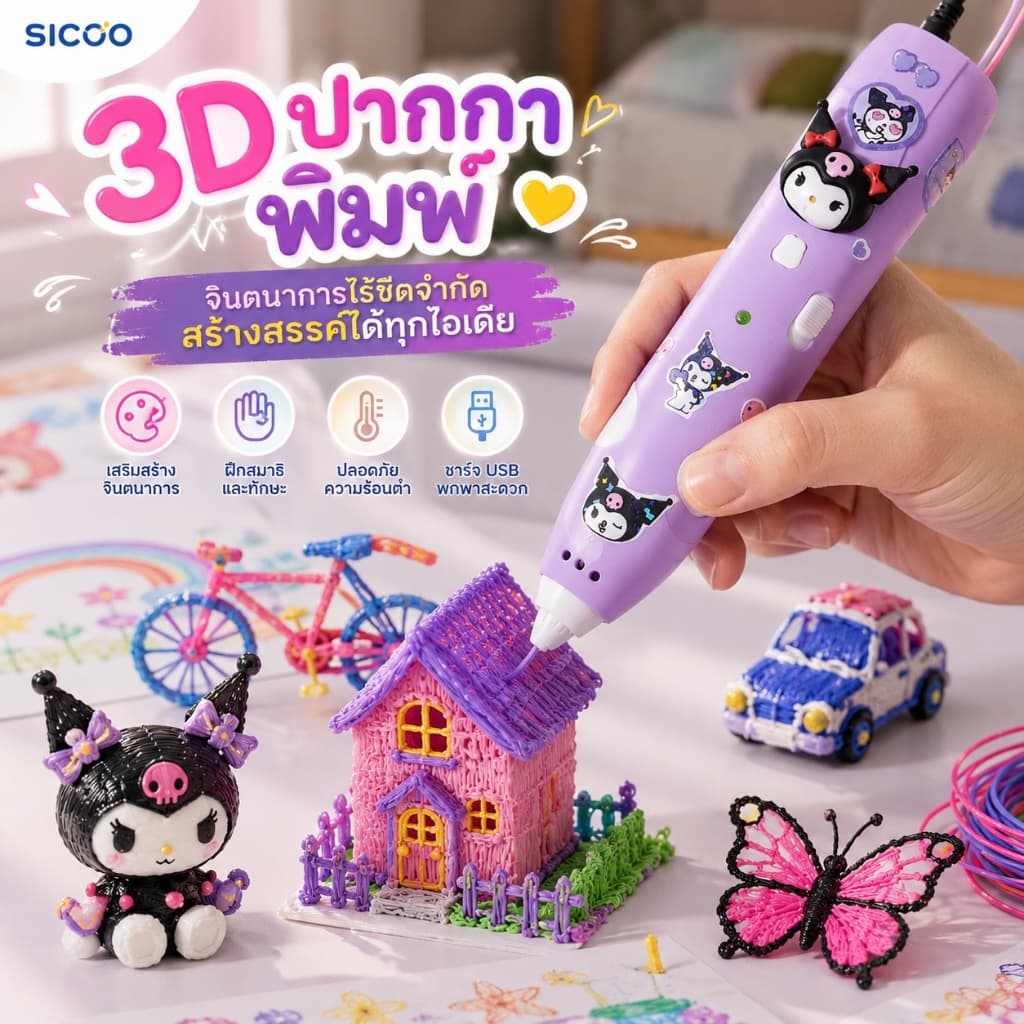 🚚 ปากกา 3D สําหรับเด็ก DIY วาดภาพสามมิติ อุณหภูมิต่ํา ไม่ร้อนมือ ฝึกความคิดสร้างสรรค์ ของเล่นเสริมทักษะ