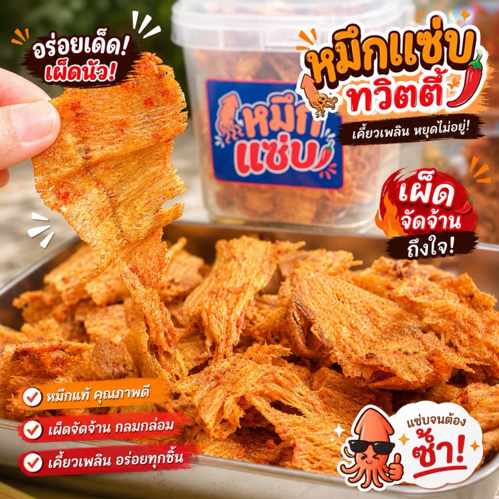 หมึกทวิสตี้ แซ่บนัว เคี้ยวเพลินหมึกแท้เต็มแผ่น ปรุงรสเข้มข้นถึงเนื้อทุกชิ้น