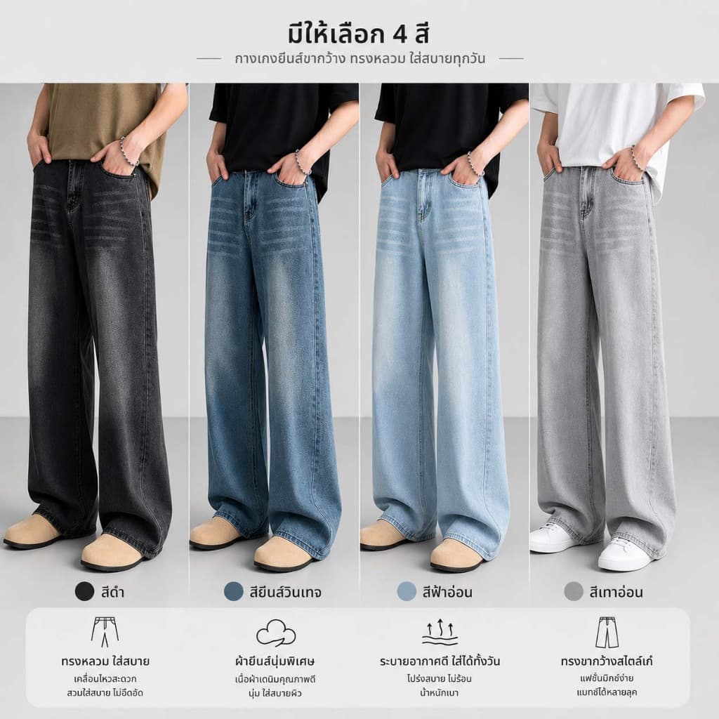 กางเกงยีนส์ผู้ชายขากว้าง ทรงหลวม สไตล์เกาหลี ผ้านุ่ม ใส่สบาย แมทช์ง่าย ลุคสตรีท ขายาว ใส่ได้ทุกวัน ทรงสวย… รูปที่ 1