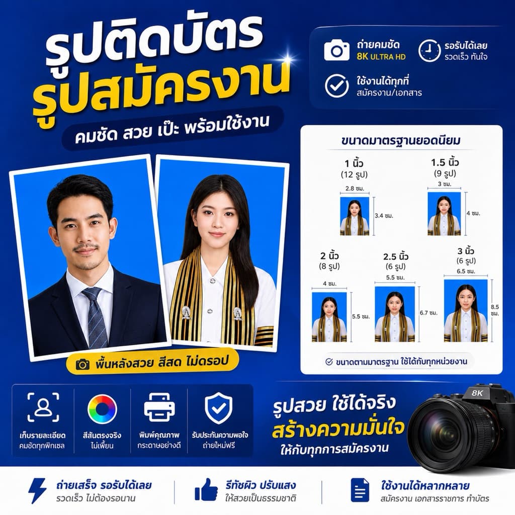 รูปสมัครงาน อัดรูป 1นิ้ว 1.5นิ้ว 3นิ้ว กระดาษโฟโต้แท้ หนา260แกรม ️ส่งด่วน 1-4ชั่วโมง
