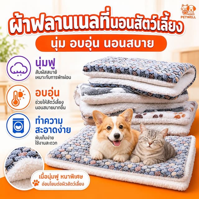 เสื่อนอนสัตว์เลี้ยงผ้าฟลันเนลหนา PETWELL นุ่มและอบอุ่น ซักทําความสะอาดได้ เหมาะสําหรับสุนัขและแมว