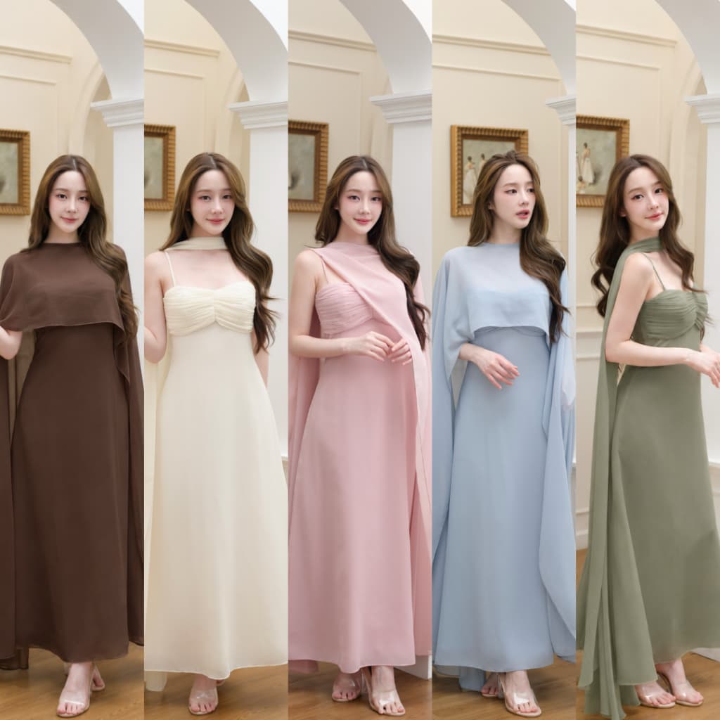 Pirunya - Long Dress 26 with Cape เดรสยาวออกงาน สายเดี่ยว จับเดรปช่วงอก พร้อมผ้าคลุมใส่ได้หลายแบบ