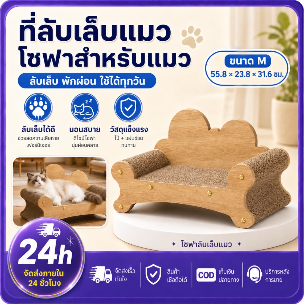 PETWELL ที่ลับเล็บแมวขนาดใหญ่ ที่ลับเล็บแมวไซซัล ที่นอนแมวขนาดใหญ่พิเศษ ทรงเอนนอน แข็งแรง ใช้ได้ทุกฤดูกาล