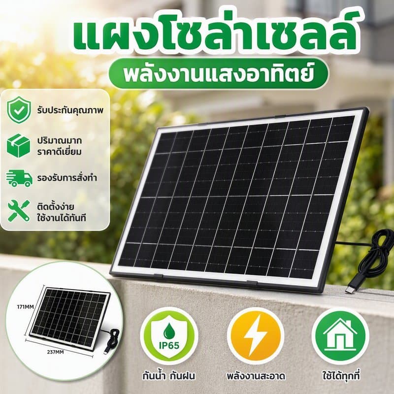 แผงโซล่าเซลล์ 10W ชาร์จ Type C สายยาว 1.7M กันน้ํา สําหรับ กล้องวงจรปิด ไฟโซล่าเซลล์