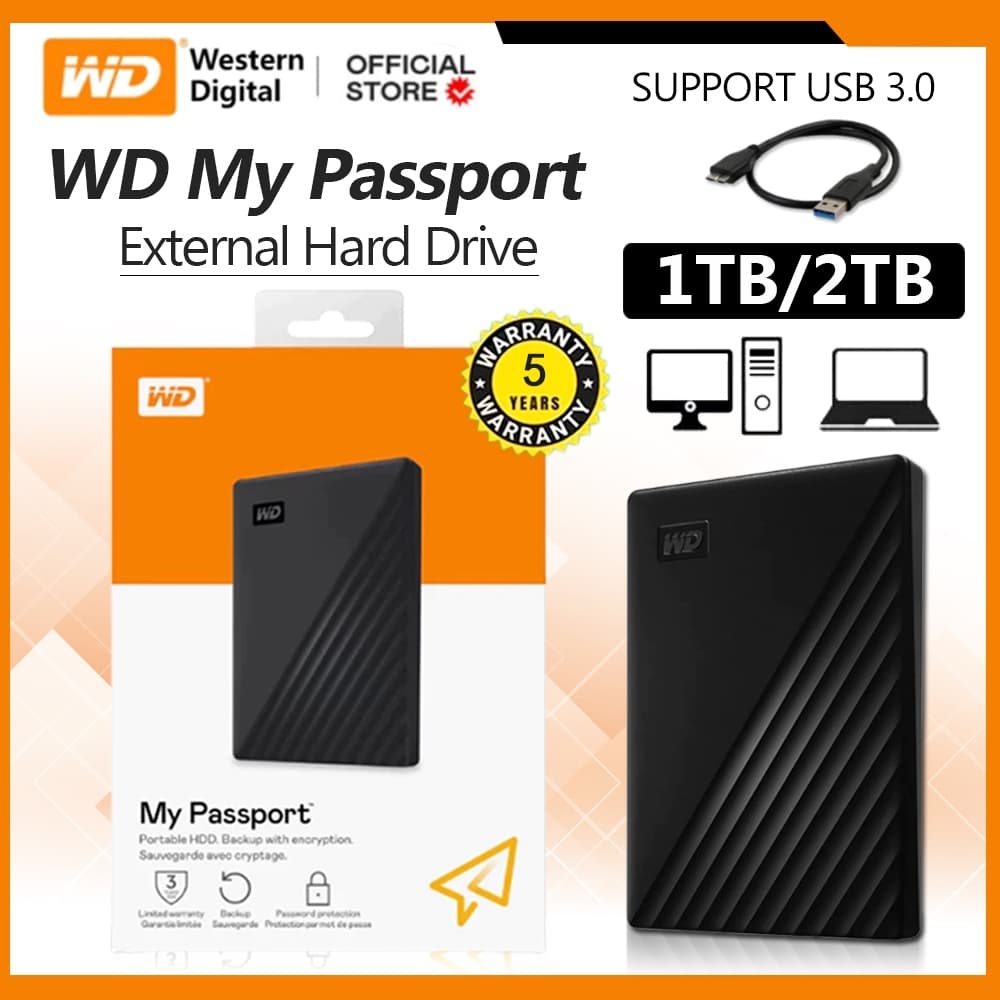 WD My Passport Portable HDD 1TB 2TB External Hard Drive USB3.0 ฮาร์ดดิสก์ภายนอก ของแท้ Harddisk External