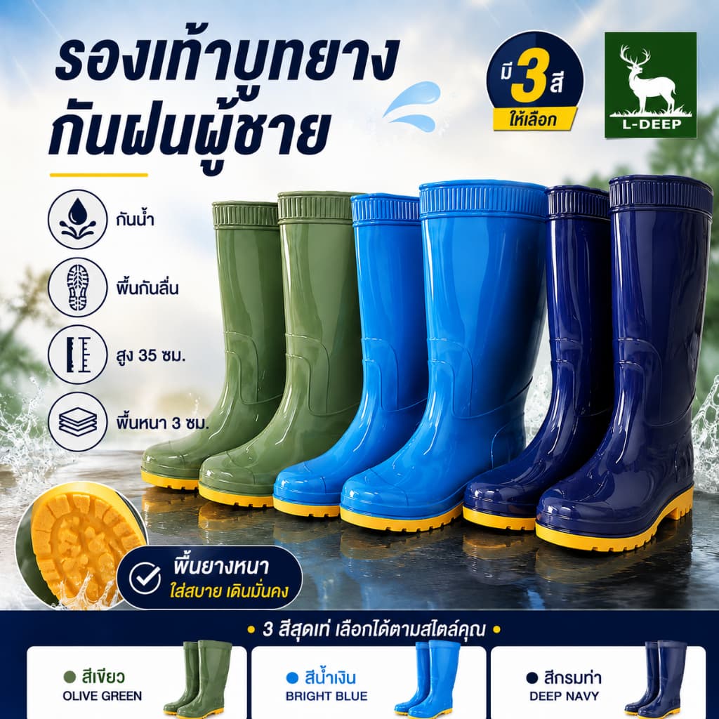 L-DEEP รองเท้าบูทยางผู้ชาย กันน้ํา กันฝน กันลื่น รองเท้าบูทสูง 35 ซม. พื้นหนา 3 ซม. ใส่ทํางาน ทําสวน ลุยน้ํา…