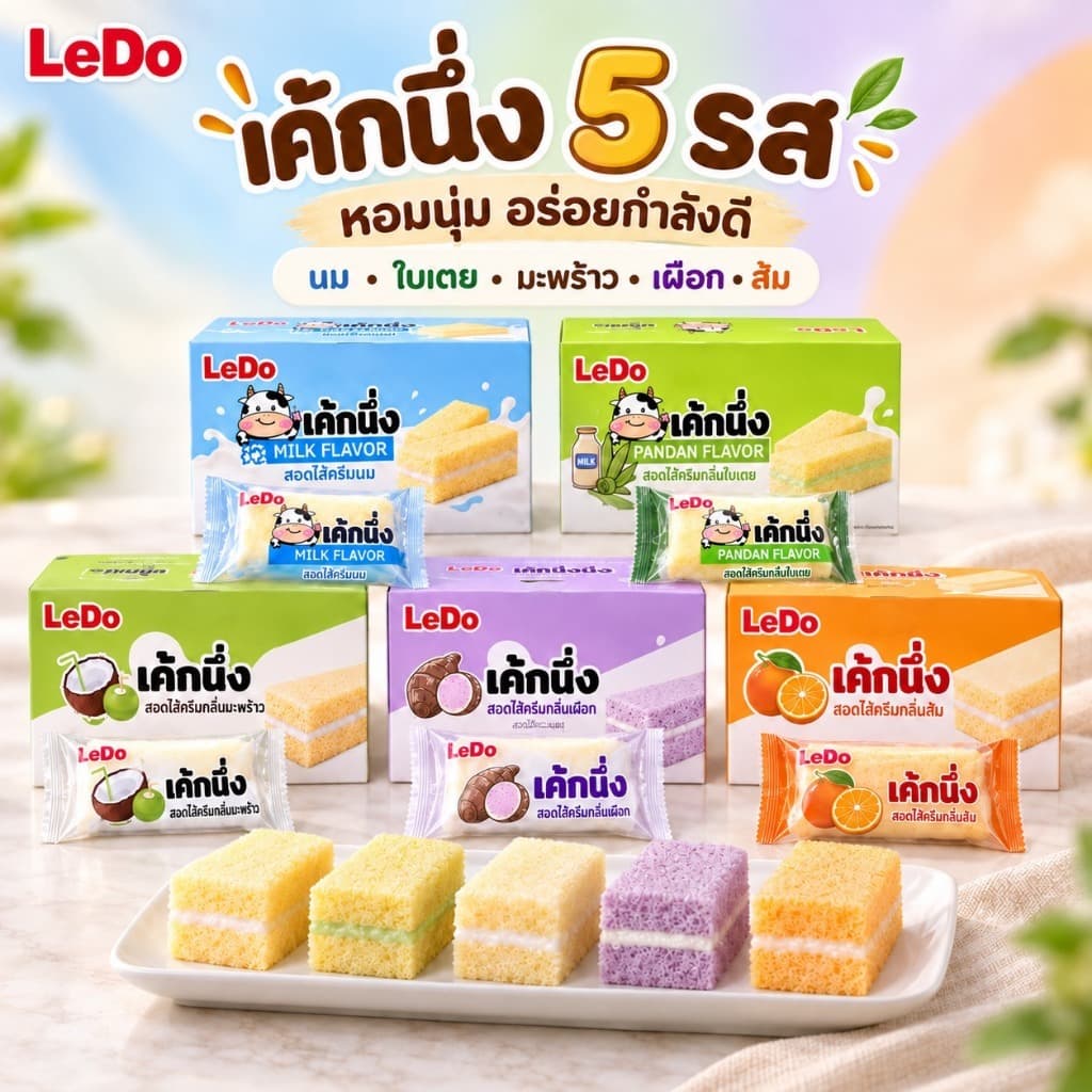 Ledo เค้กนึ่งสอดไส้ นม/ใบเตย/มะพร้าว/เผือก/ส้ม (ยกลัง 12 แพค 144 ซอง)