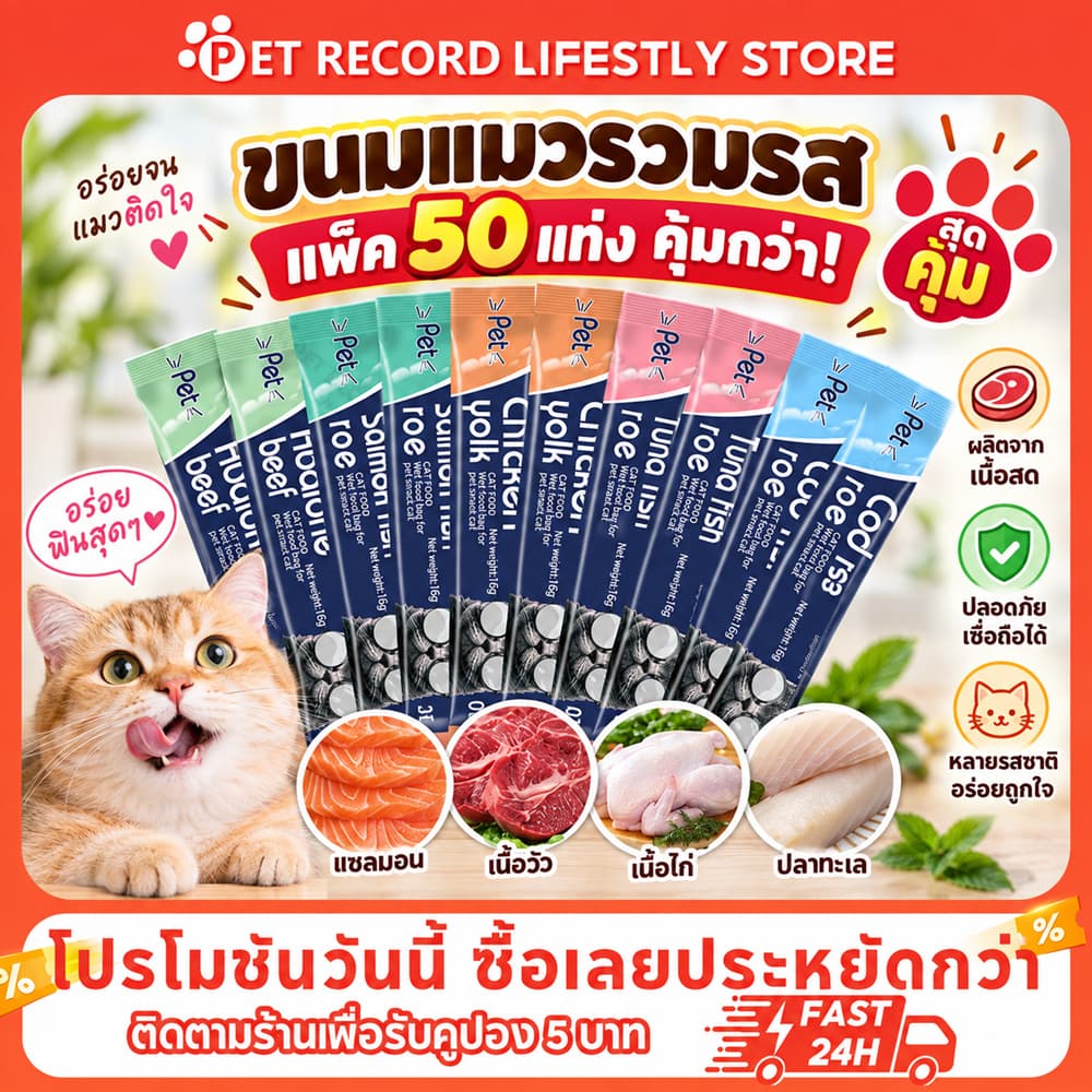 Pet Record 50 ชิ้น ขนมเเมวเลีย 15g มีให้เลือก5รส cat snack stick อาหารแมว แมวเลีย อาหารแมวเลีย