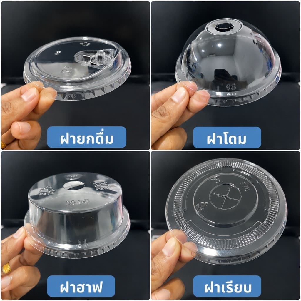 (50ใบ) ฝาเเก้ว PET ปาก 98 ฝาเรียบ ฝายกดื่ม ฝาโดม ฝาสายคาดเเละฝาจุกหัวใจ