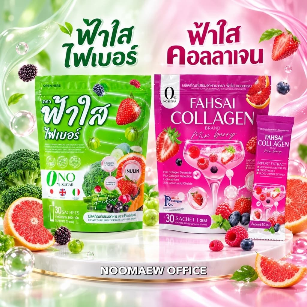 (1แถม1) ฟ้าใส ไฟเบอร์ & คอลลาเจน Fahsai โพรไบโอติกส์ ไฟเบอร์ผัก 1 ห่อ 30 ซอง 300 กรัม