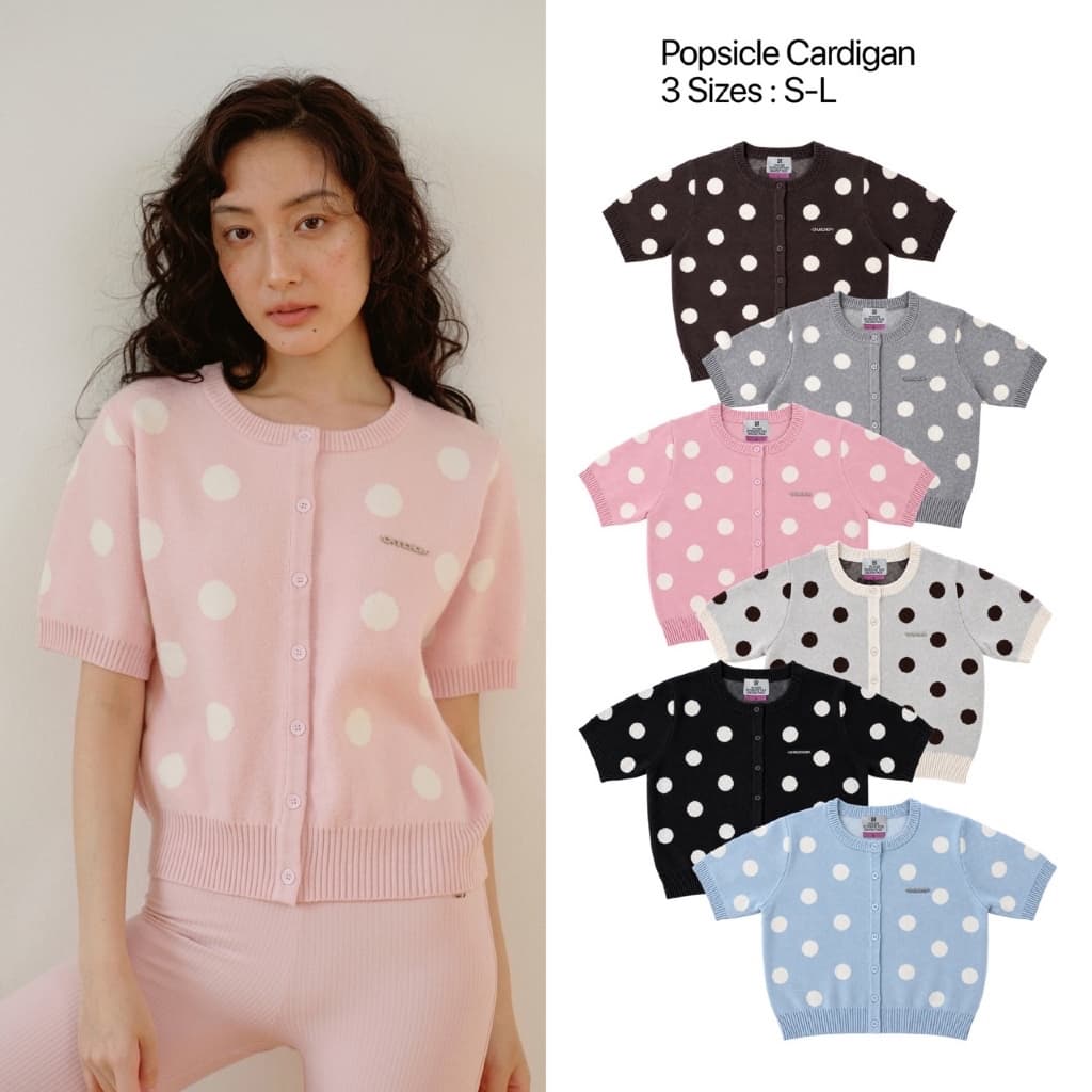 CHUUCHOP | S-L | Popsicle Cardigan คาดิแกนไหมพรมแขนสั้นลาย Polka Dot เสื้อแขนสั้นคอกลมลายจุดผ้านุ่ม(C8637)