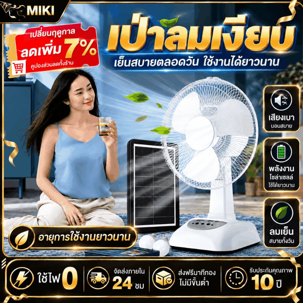 พัดลมโซล่าเซลล์ Solar fan พกพาได้ 5 ใบพัด พัดลมอุตสาหกรรม ตั้งพื้น/ตั้งโต๊ะ หลอดไฟ LED