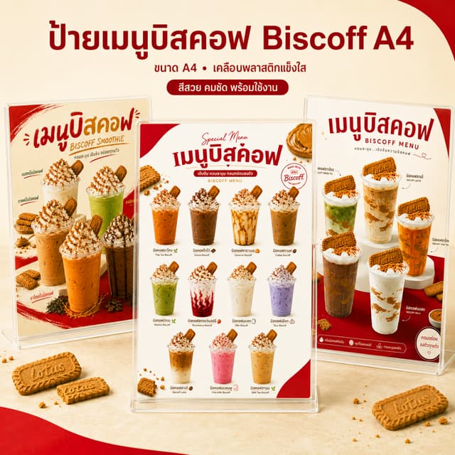 ป้ายเมนูบิสคอฟ A4 ป้ายเมนูเครื่องดื่ม Biscoff เคลือบพลาสติกแข็งใส สีสวยคมชัด พร้อมใช้งาน สําหรับร้านน้ํา คาเฟ่