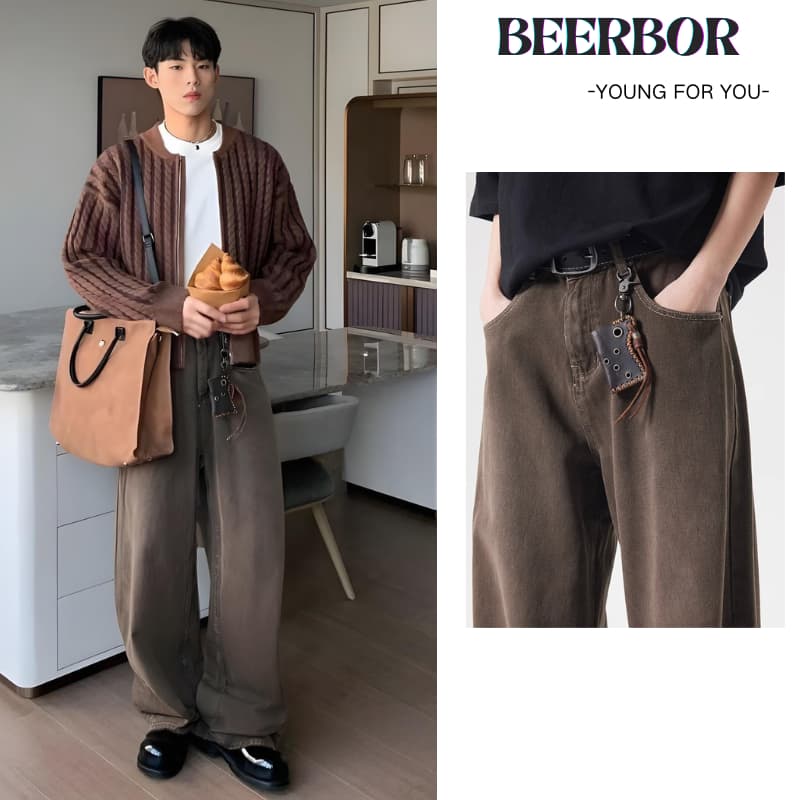 beerbroth-กางเกงยีนส์ชาย สีน้ําตาล กระบอกใหญ่ ใส่สบาย เท่ๆเข้ากับทุกแนว สไตล์วินเทจอเมริกัน แบบหลวม ขากว้าง…