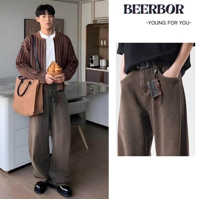 beerbroth-กางเกงยีนส์ชาย สีน้ําตาล กระบอกใหญ่ ใส่สบาย เท่ๆเข้ากับทุกแนว สไตล์วินเทจอเมริกัน แบบหลวม ขากว้าง…