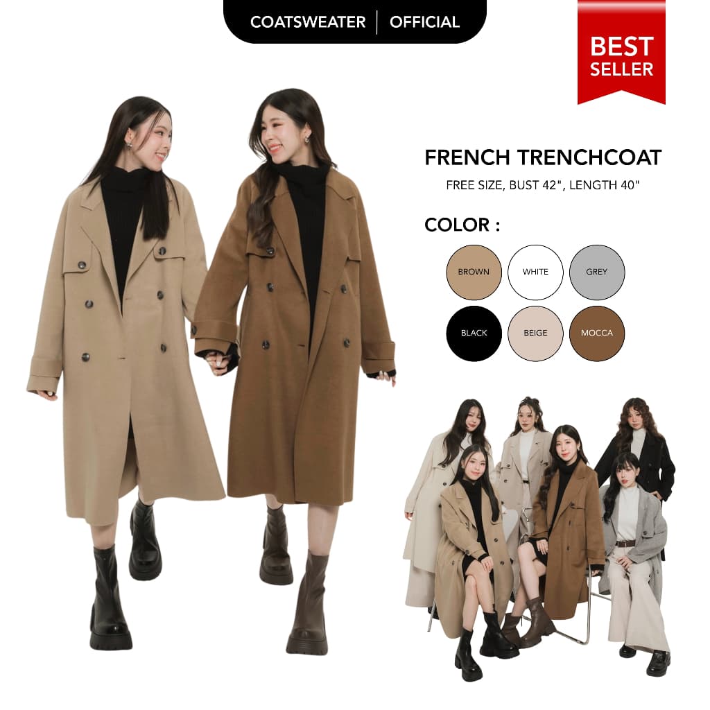 FRENCH trenchcoat ( เฟรนซ์ ) ผลิตจากผ้าวูลคุณภาพมากๆค่ะ ทรงสวย กันหนาวได้ถึงเลขตัวเดียวนะคะ