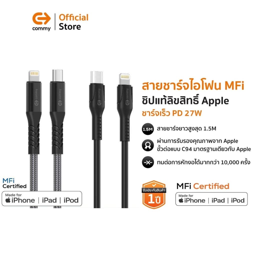 Commy สายชาร์จ MFI ชิปแท้ สําหรับ ชาร์จไอโฟน iPhone มีมาตรฐาน รองรับชาร์จไว PD 27w สาย Premium ทนทาน