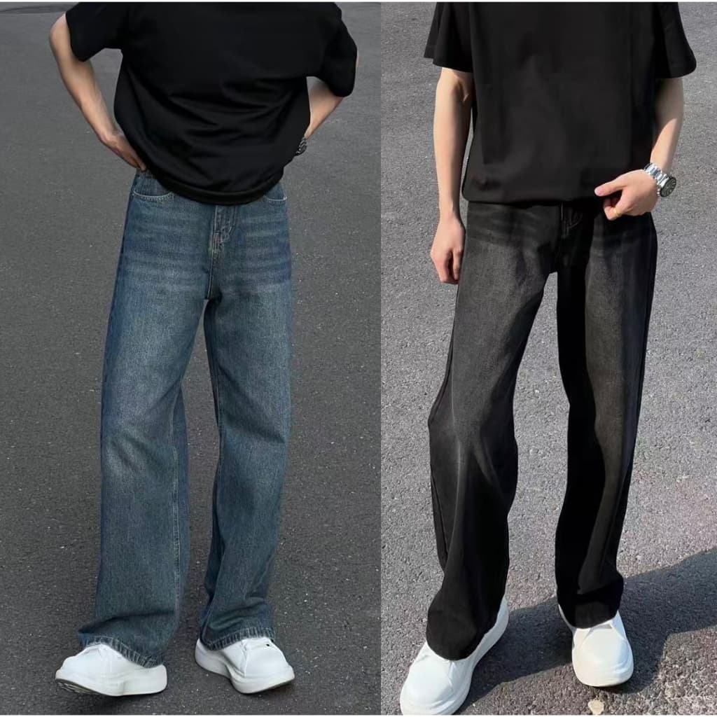 กางเกงยีนส์ทรงตรงพื้นฐาน ขากว้างพิเศษแบบ Unisex สําหรับผู้ชายและผู้หญิง สไตล์ กางเกงยีนส์ขายาวกระบอกใหญ่