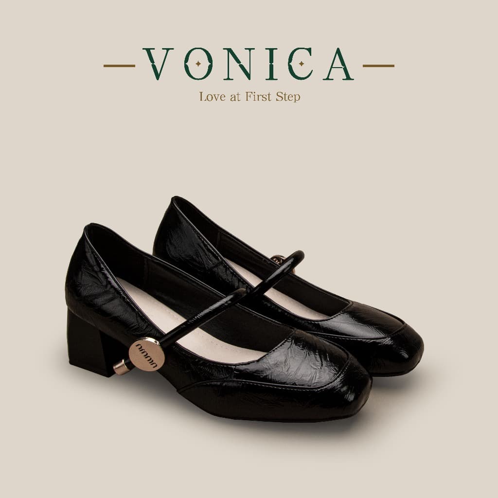 VONICA สีดํารองเท้าแมรี่เจนส้นสูง 2 นิ้ว หัวสี่เหลี่ยม รองเท้าสตรี ใส่ได้ทั้งทํางานและเที่ยวสวยสง่างาม
