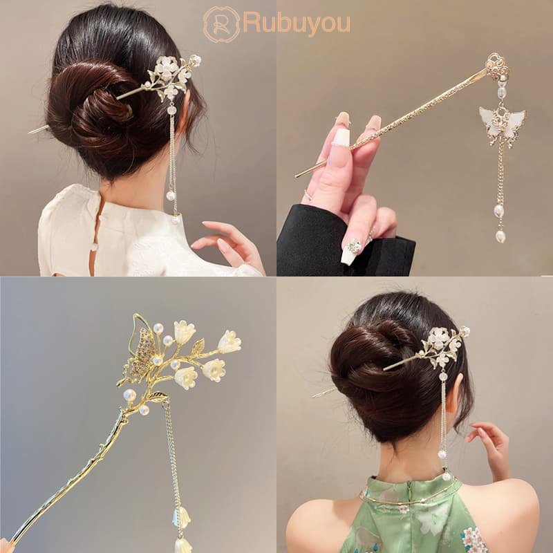 Rubuyou ปิ่นปักผม รูปผีเสื้อ ดอกไม้ ประดับไข่มุก ประดับพู่ สไตล์จีนโบราณ ย้อนยุค สําหรับผู้หญิง… รูปที่ 1