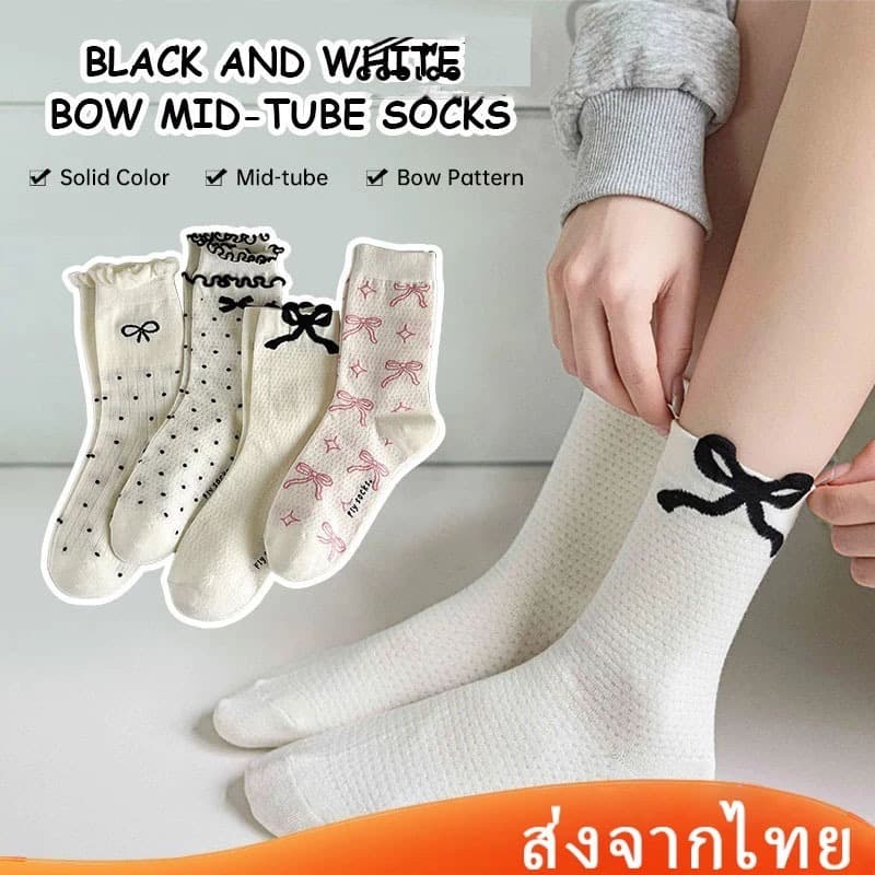 Novvia ในไทย💖ถุงเท้าโบว์ลูกไม้สําหรับสไตล์โลลิต้าญี่ปุ่นผู้หญิงแฟชั่นเกาหลีฤดูร้อนถุงเท้าบางข้อสูงผ้ายืดใส่สบ…