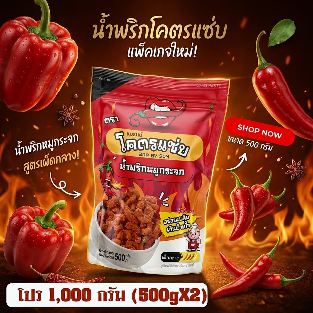 น้ําพริกหมูกระจกโคตรแซ่บ ขนาดหนึ่งกิโล (1000g) น้ําพริกกากหมู น้ําพริกหมูกระจก มี 6 รสชาติให้เลือก