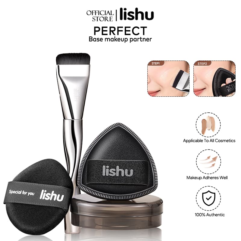 Lishu เซตแปรงลงรองพื้น & พัฟคุชชั่น - เกลี่ยง่าย ไม่เป็นคราบ ไม่กินรองพื้น ชุดแต่งหน้างานผิว