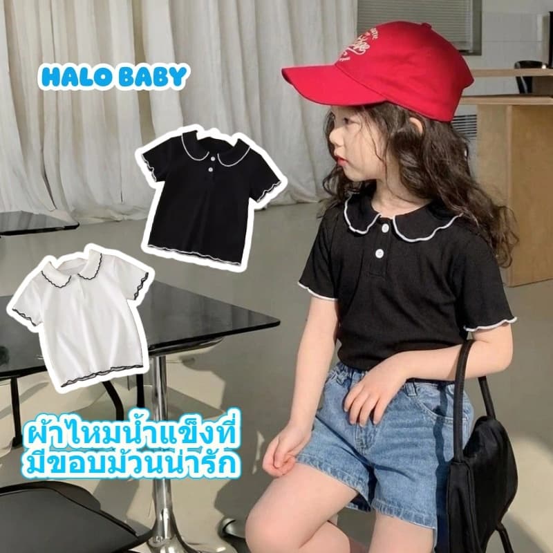 เสื้อยืดแขนสั้นสําหรับเด็กผู้หญิงในฤดูร้อน คอปกปีเตอร์แพน ทําจากผ้าไหมไอซ์ซิลค์แบบมีลายริ้ว ดีไซน์สไตล์เกาหลี