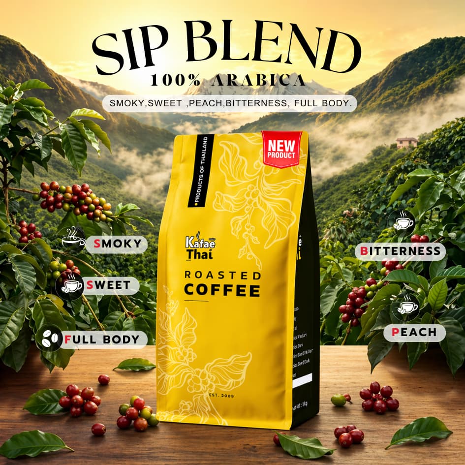 เมล็ดกาเเฟคั่ว Sip Blend by KafaeThai คั่วกลางเข้ม อาราบิก้า100% หอมเข้ม กลมกล่อม สูตรลับเฉพาะ ขนาด 1000 กรัม