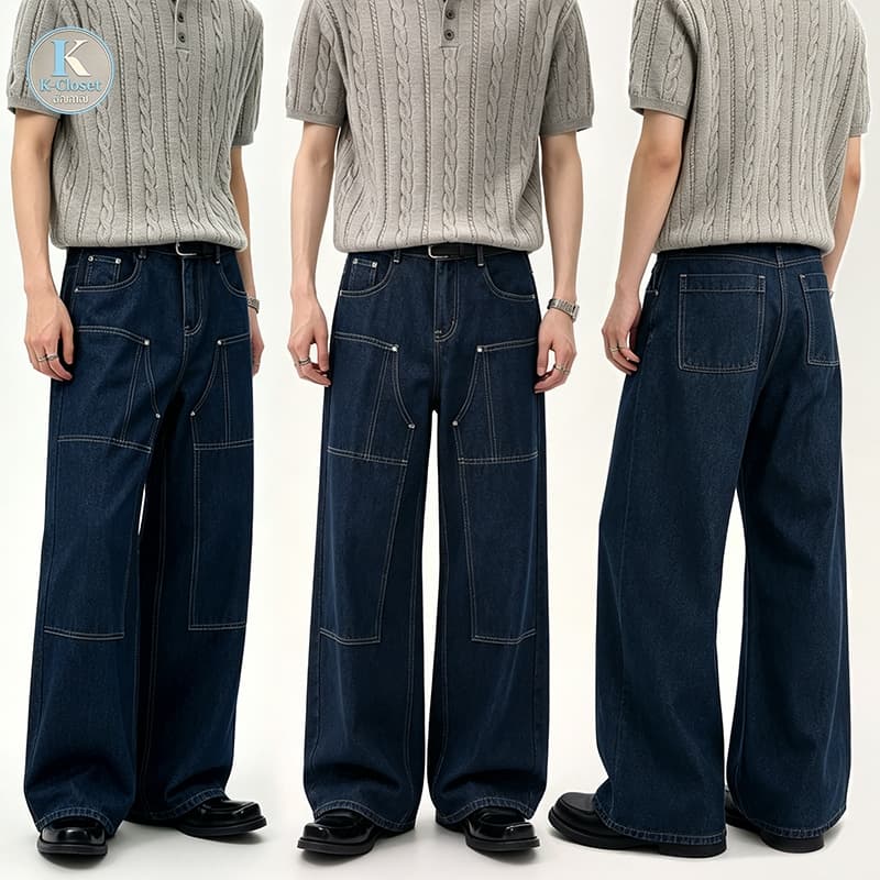 Baggy S-5XL กางเกงยีนส์คาร์โก้ผู้ชาย สไตล์เกาหลีเรโทร สีน้ําเงินเข้ม ทรงหลวมตรง