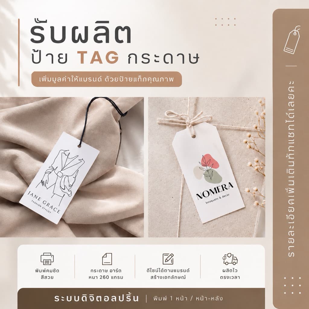 รับผลิตป้ายห้อยสินค้า ป้ายกระดาษ Tagห้อยสินค้า พร้อม เชือก