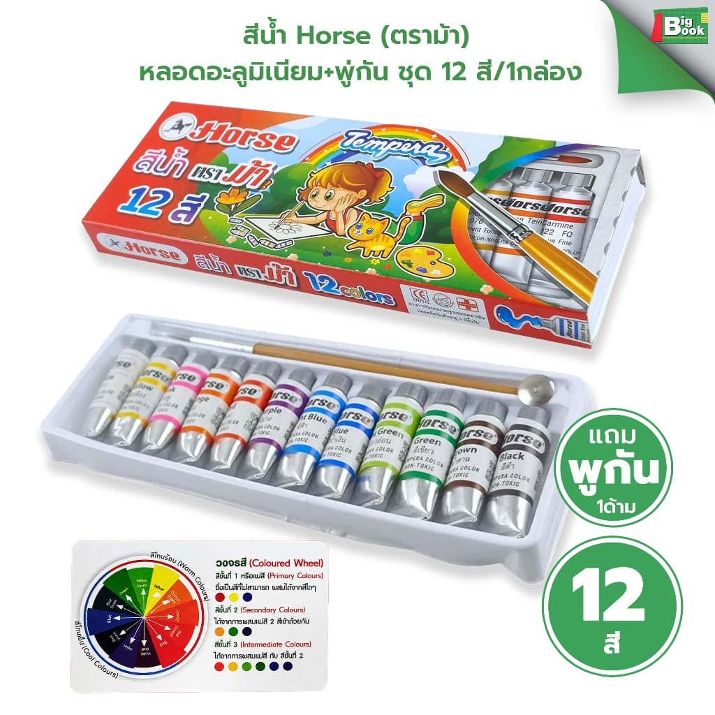 สีน้ํา Horse (ตราม้า) หลอดอะลูมิเนียม+พู่กัน ชุด 12 สี/1กล่อง