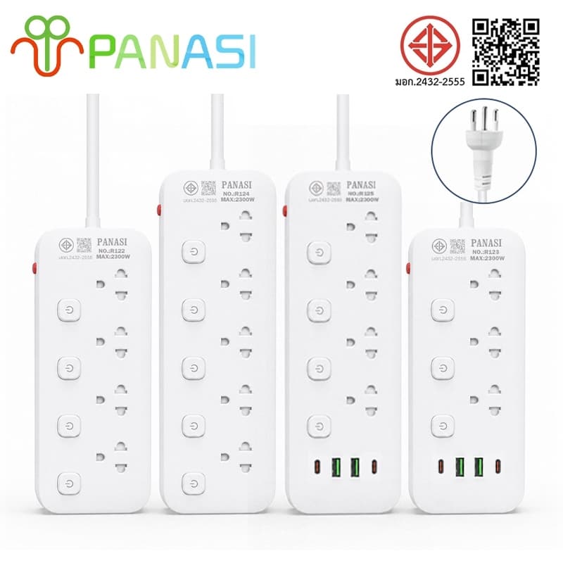 Panasi ปลั๊กไฟ ปลั๊กพ่วง 5ช่อง สวิตช์หลายตัว มอก.ปลอดภัย รับประกัน พร้อมสวิตช์แยกปลั๊ ปลั๊ก USB/Type-c…