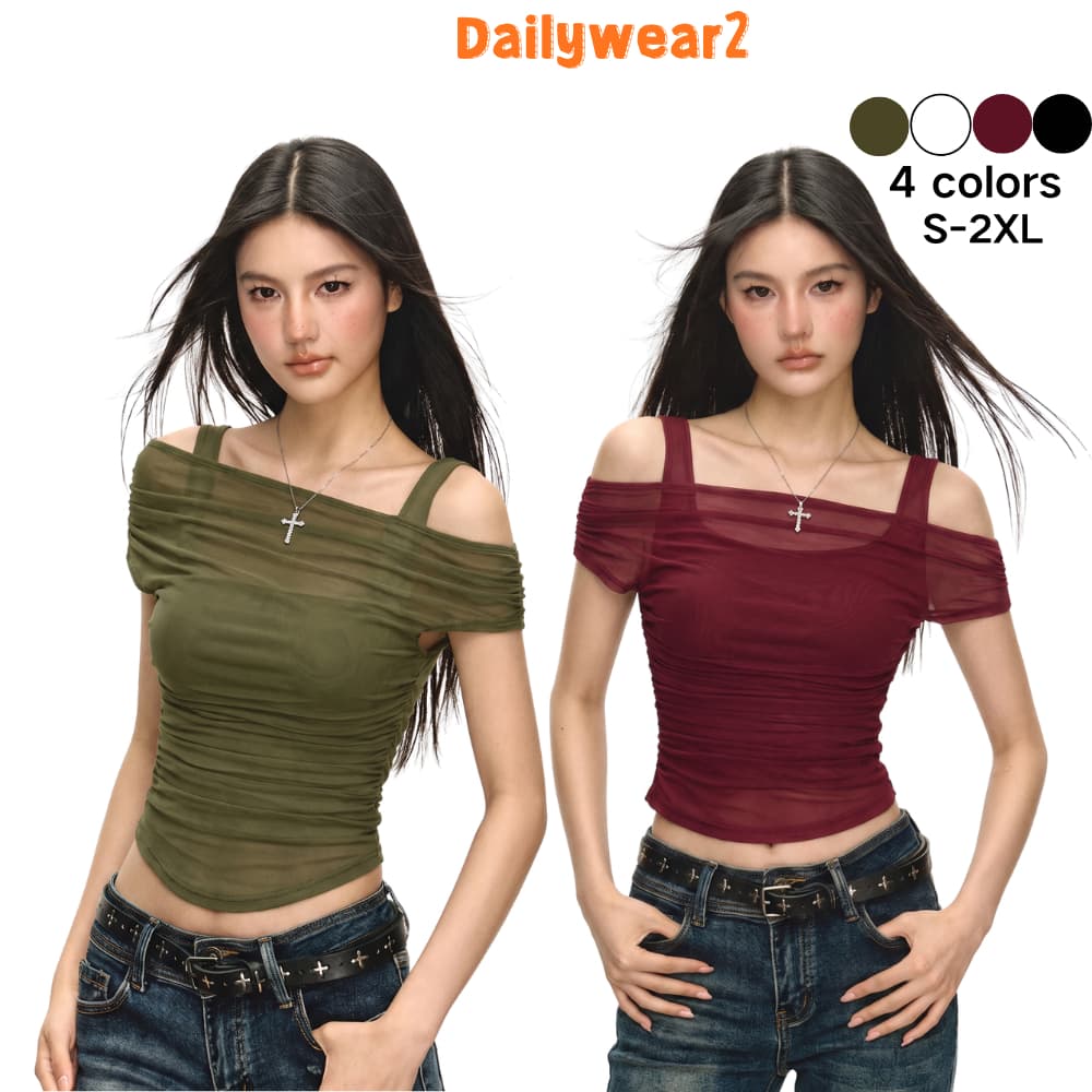 Dailywear พร้อมส่ง เสื้อยืดผ้าตาข่ายปาดไหล่ข้างเดียวปี2026 เสื้อสั้นเอวสูงโชว์เอว กระชับสัดส่วน สไตล์สวยสไปซี่