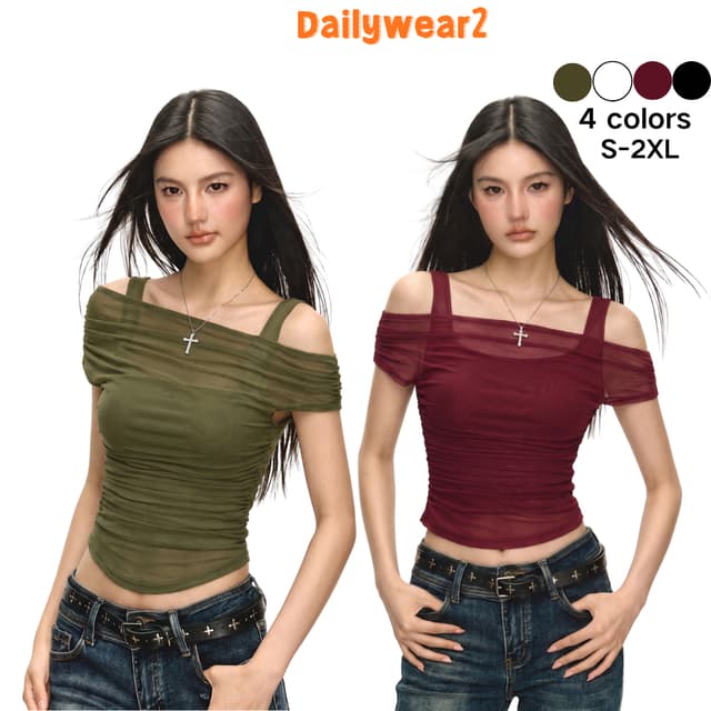 Dailywear พร้อมส่ง เสื้อยืดผ้าตาข่ายปาดไหล่ข้างเดียวปี2026 เสื้อสั้นเอวสูงโชว์เอว กระชับสัดส่วน สไตล์สวยสไปซี่
