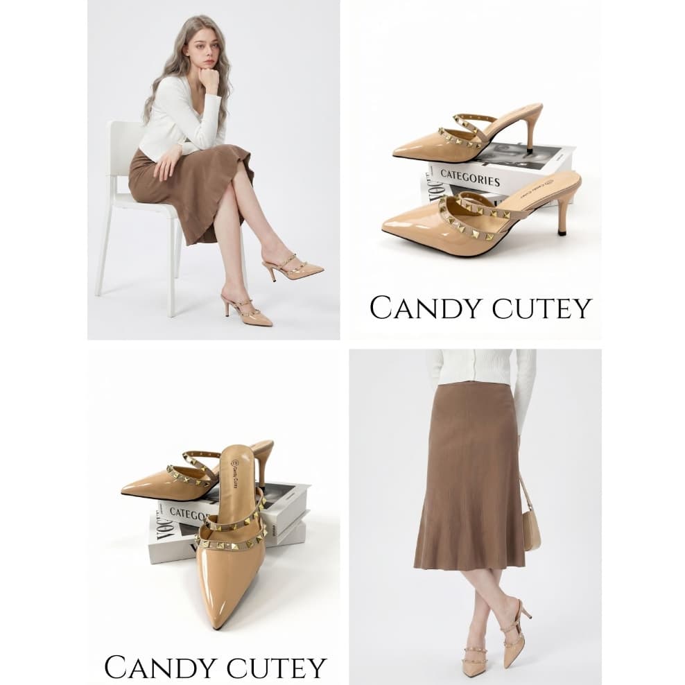 Candy Cutey รองเท้าแตะส้นเข็มหนังเงา หัวแหล่งประดับหนามตะปู ใส่สบาย ยาวขา เหมาะแต่งตัวประจําวันและออกงาน
