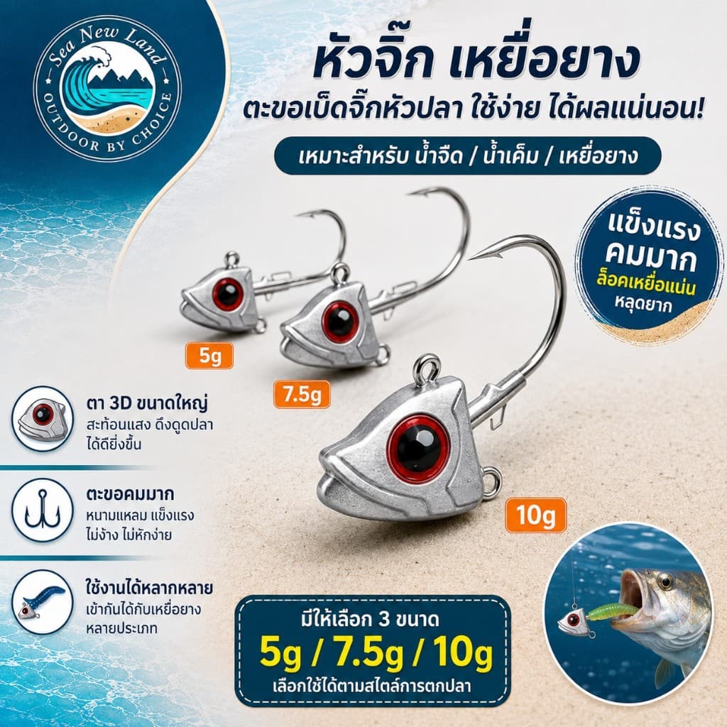 หัวจิ๊ก ปลายิ้ม มีห่วงล่าง 5/7.5/10 กรัม เบ็ด แข็ง คม สําหรับตกปลาแนวต่างๆ
